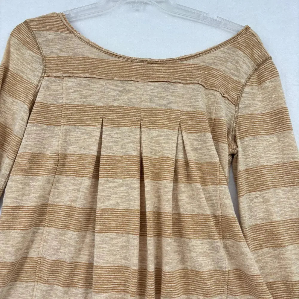 Free‎ People Blouse Size XS Tan Stripe Flare Sleeve Stretch Knit Oversized Boho